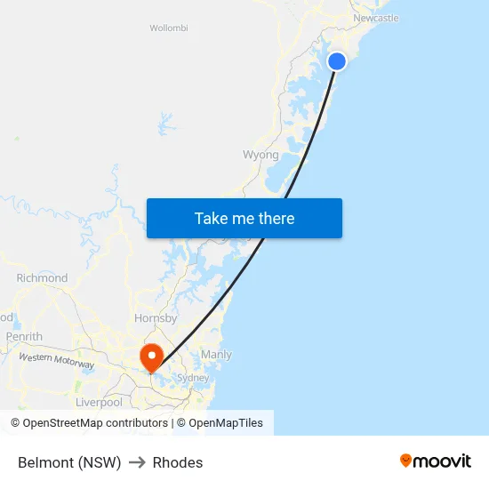 Belmont (NSW) to Rhodes map