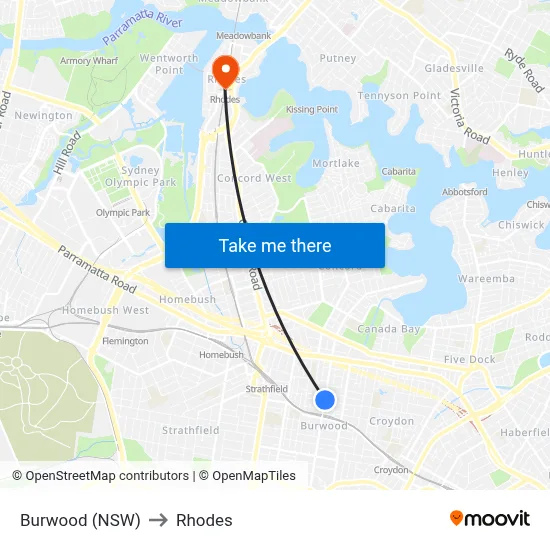 Burwood (NSW) to Rhodes map