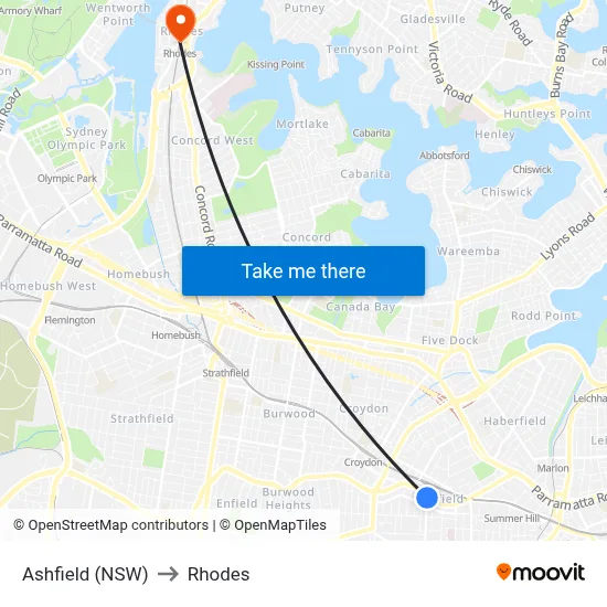 Ashfield (NSW) to Rhodes map