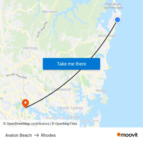 Avalon Beach to Rhodes map
