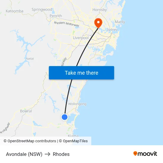 Avondale (NSW) to Rhodes map