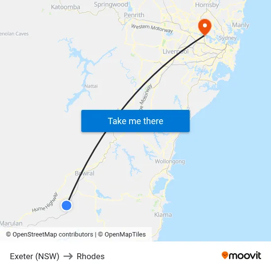 Exeter (NSW) to Rhodes map