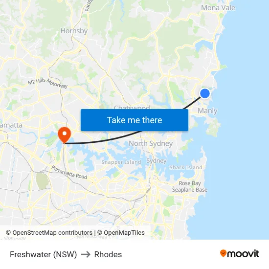Freshwater (NSW) to Rhodes map