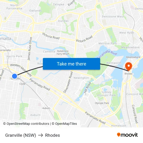 Granville (NSW) to Rhodes map