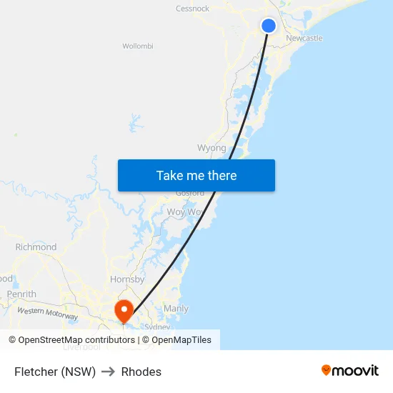 Fletcher (NSW) to Rhodes map