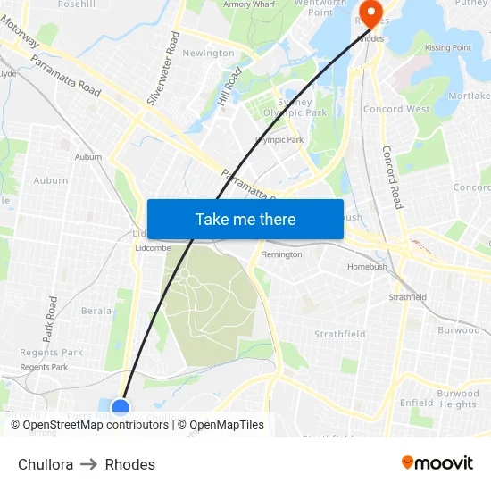 Chullora to Rhodes map