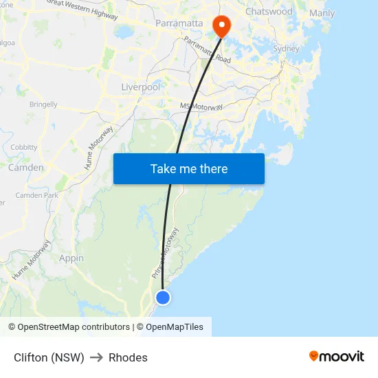 Clifton (NSW) to Rhodes map