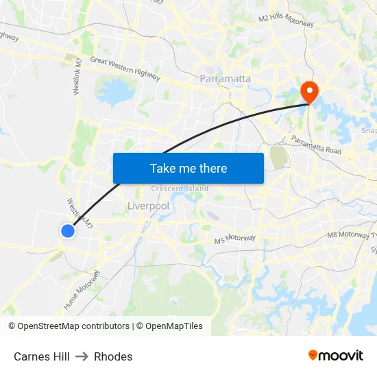 Carnes Hill to Rhodes map