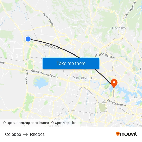 Colebee to Rhodes map