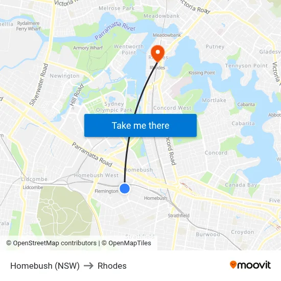 Homebush (NSW) to Rhodes map