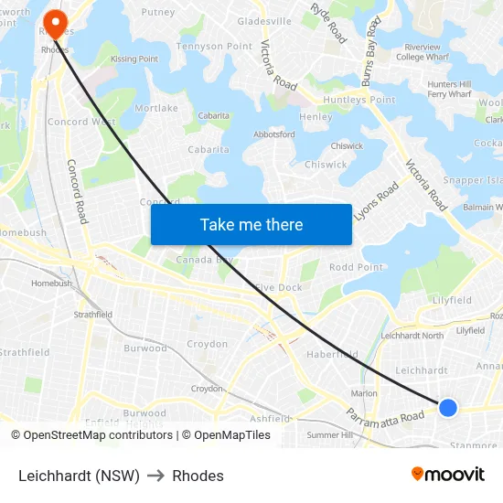 Leichhardt (NSW) to Rhodes map