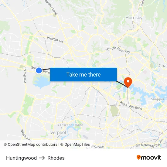 Huntingwood to Rhodes map