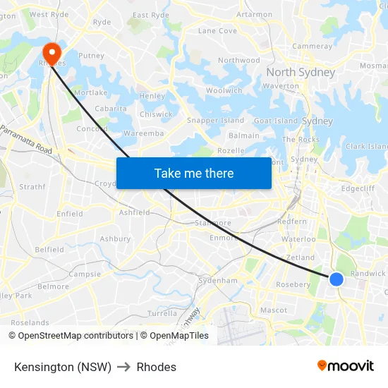 Kensington (NSW) to Rhodes map