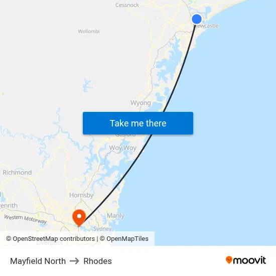 Mayfield North to Rhodes map