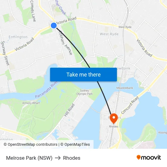 Melrose Park (NSW) to Rhodes map