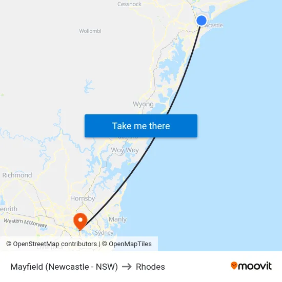 Mayfield (Newcastle - NSW) to Rhodes map