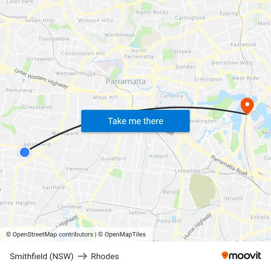 Smithfield (NSW) to Rhodes map