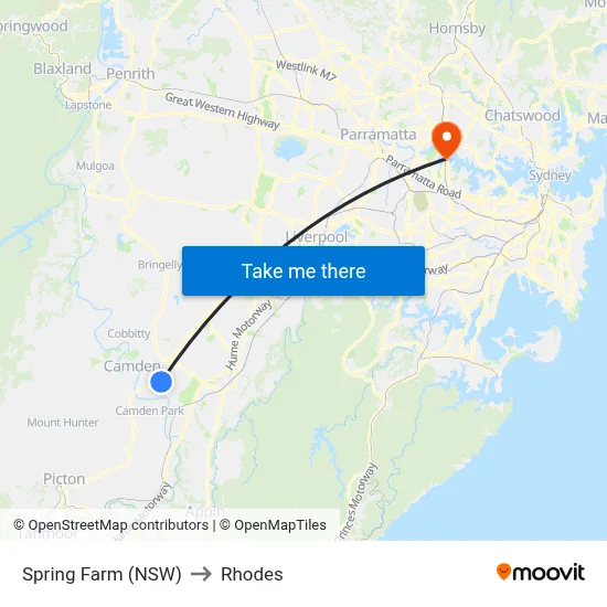 Spring Farm (NSW) to Rhodes map