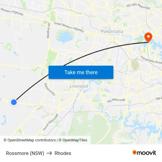 Rossmore (NSW) to Rhodes map
