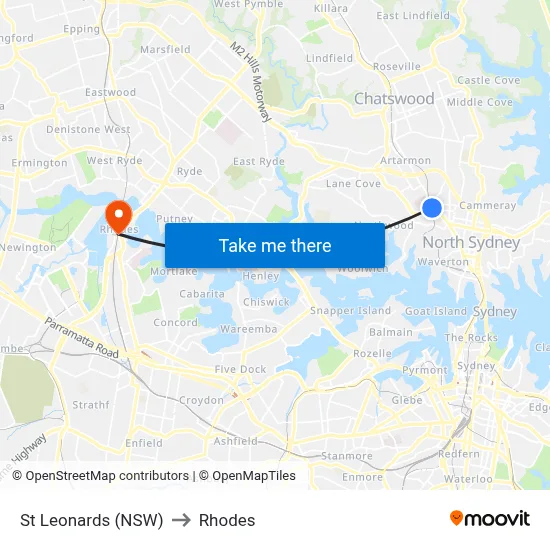 St Leonards (NSW) to Rhodes map