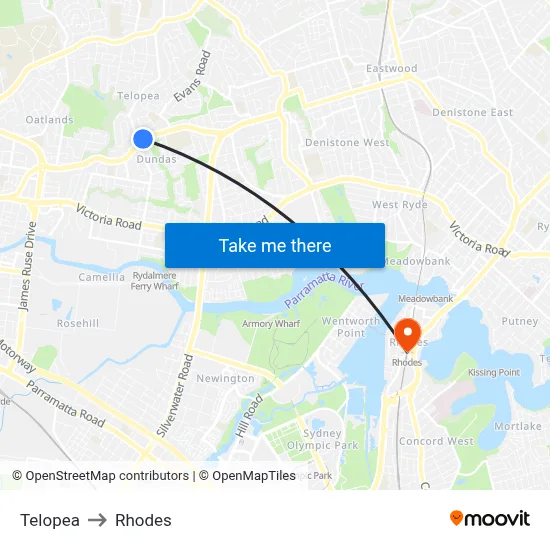 Telopea to Rhodes map