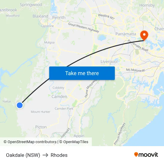 Oakdale (NSW) to Rhodes map
