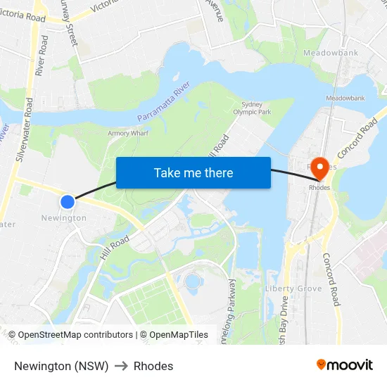 Newington (NSW) to Rhodes map