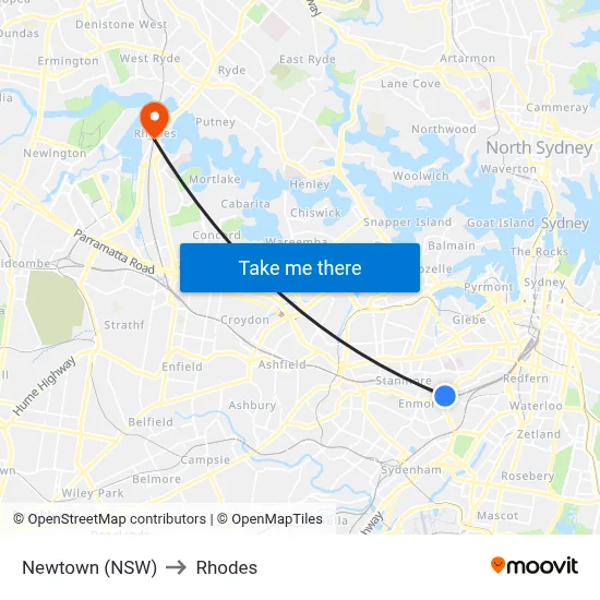 Newtown (NSW) to Rhodes map