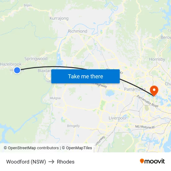Woodford (NSW) to Rhodes map