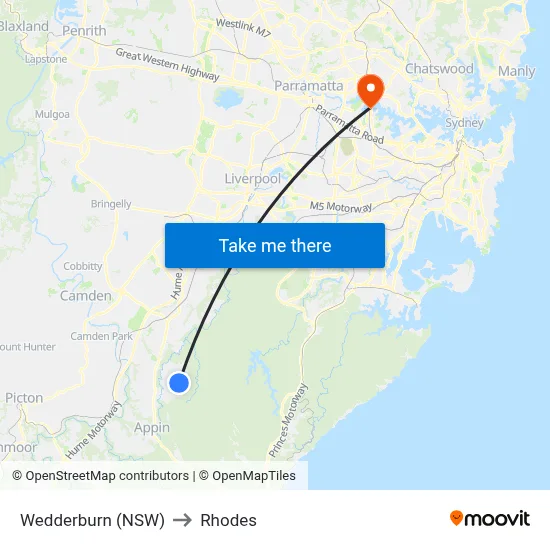 Wedderburn (NSW) to Rhodes map