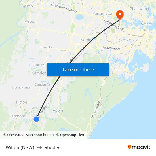 Wilton (NSW) to Rhodes map