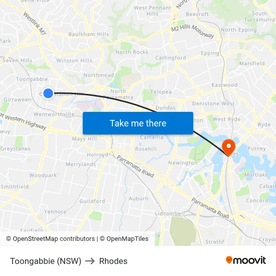 Toongabbie (NSW) to Rhodes map