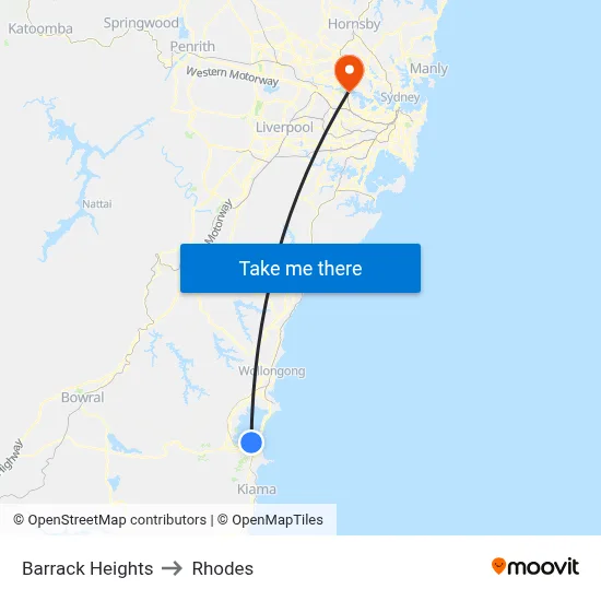 Barrack Heights to Rhodes map