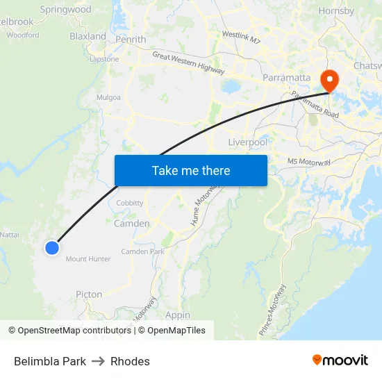 Belimbla Park to Rhodes map