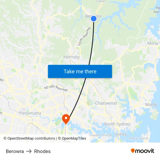 Berowra to Rhodes map