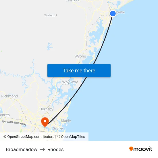 Broadmeadow to Rhodes map