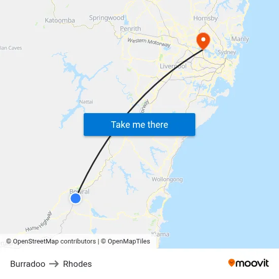 Burradoo to Rhodes map