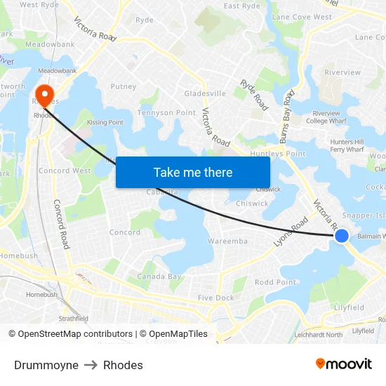 Drummoyne to Rhodes map