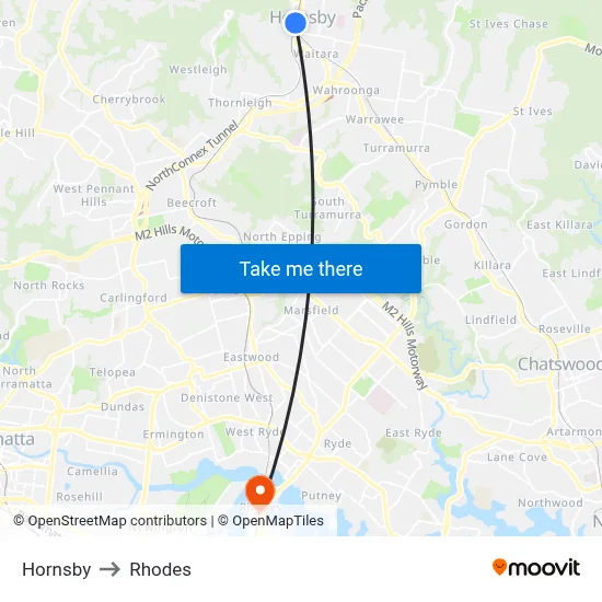 Hornsby to Rhodes map