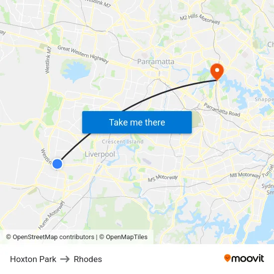 Hoxton Park to Rhodes map