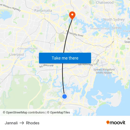 Jannali to Rhodes map