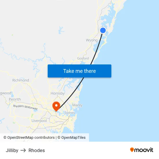 Jilliby to Rhodes map