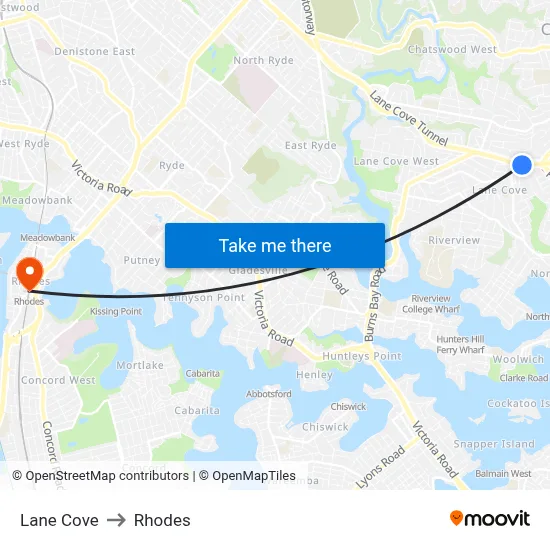 Lane Cove to Rhodes map