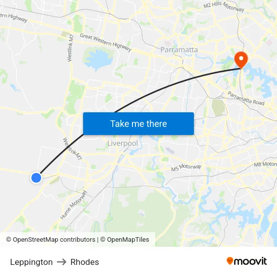 Leppington to Rhodes map