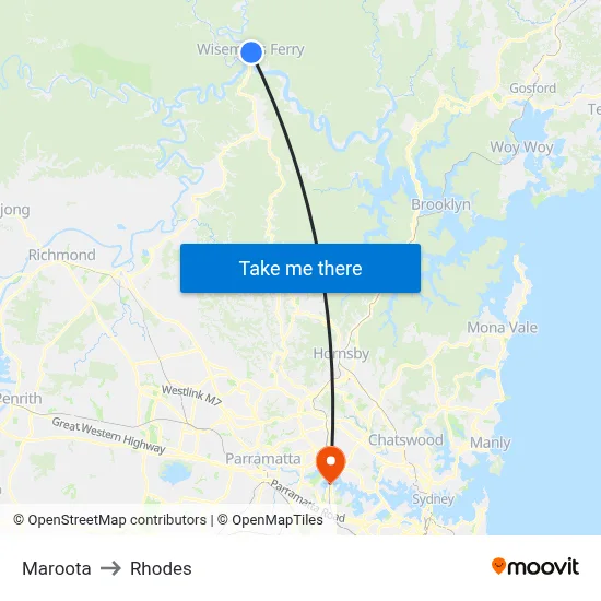 Maroota to Rhodes map