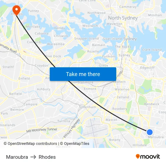 Maroubra to Rhodes map