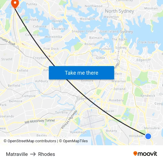 Matraville to Rhodes map