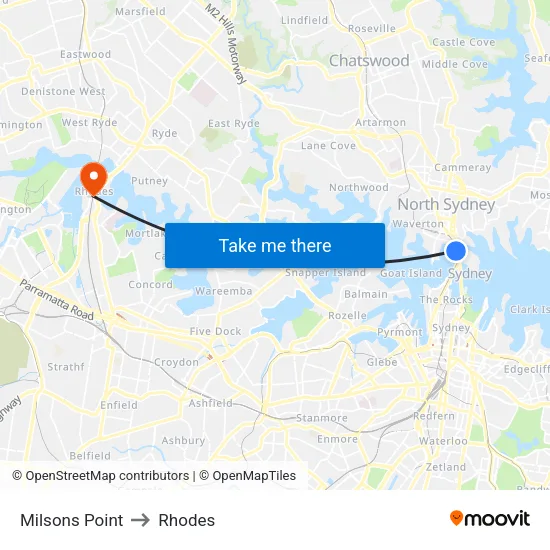 Milsons Point to Rhodes map
