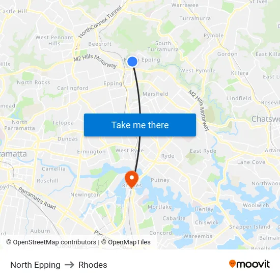 North Epping to Rhodes map