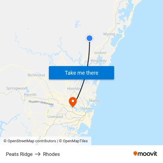Peats Ridge to Rhodes map
